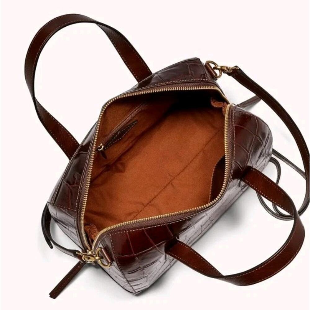 Fossil Sydney Brown Croc Embossed Leather Doctor Bag Purse Crossbody Strap - Picture 6 of 12